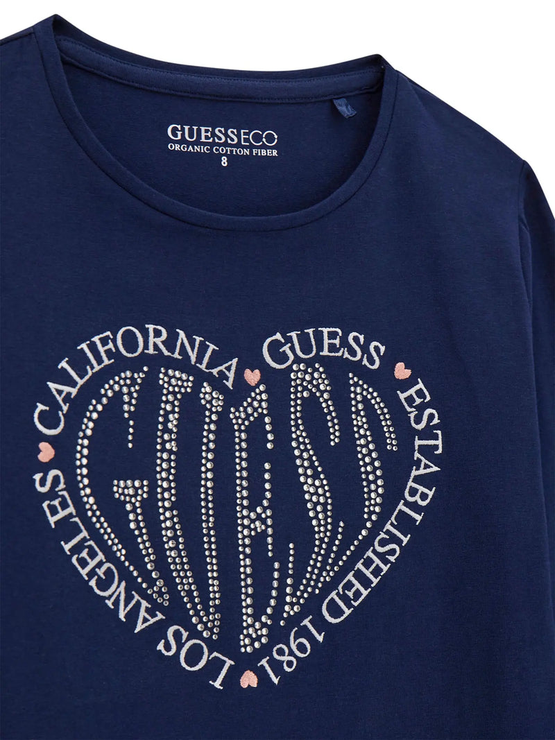 Guess blue t-shirt with rhinestone heart logo.