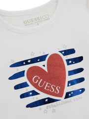 Guess white t-shirt with red glitter heart logo.