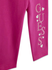 Girl's purple leggings with pink glitter logo.