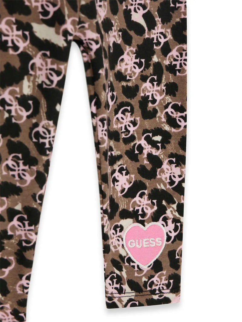 Guess 4g leggings with leopard print pattern, overlaid with the guess 4g logo pattern.