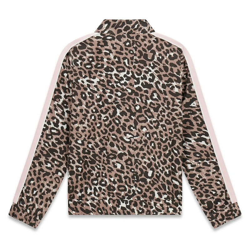 Rear view of the Guess leopard print jacket.