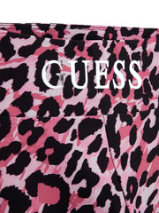 Closer look at the Guess leopard print leggings showing detail of the silver foil logo.