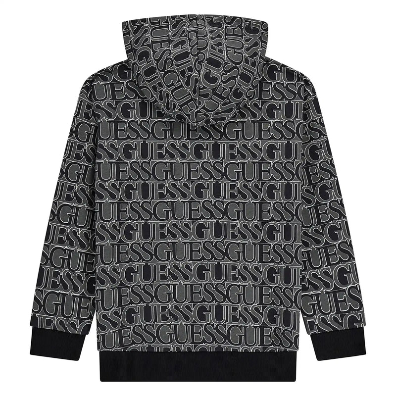 Rear view of the Guess black logo print hoodie.