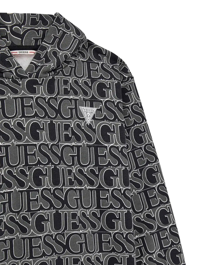 Guess logo print hoodie with gel logo patch on the chest.