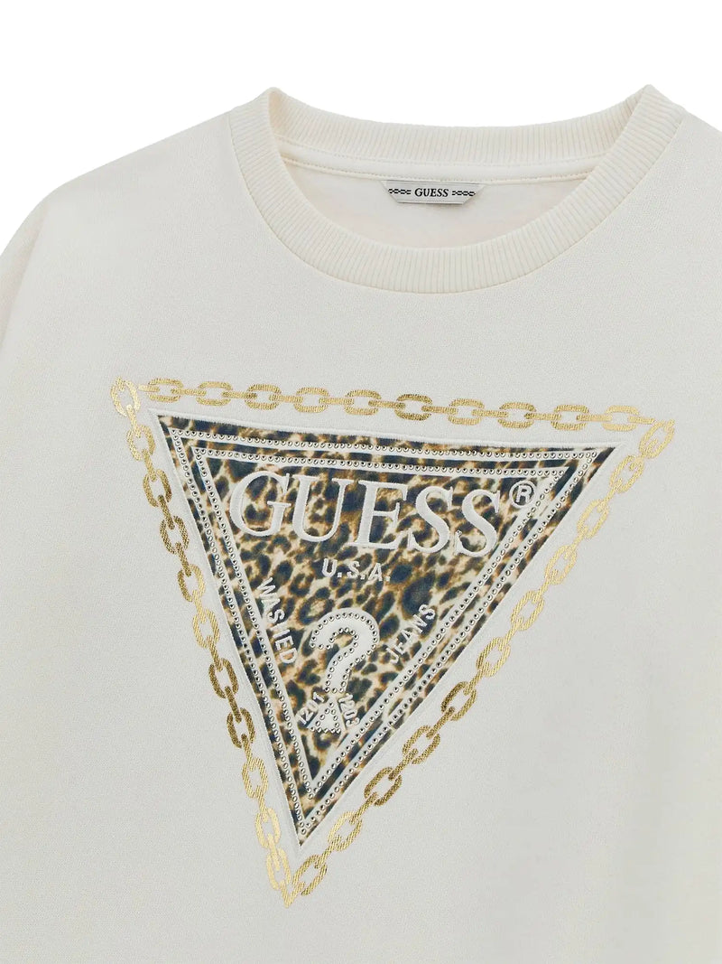 Closer look at the Guess logo sweatshirt showing detail of the leopard print logo.