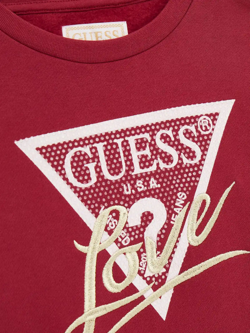 Closer look at the Guess logo sweatshirt showing detail of the gold logo embroidery.