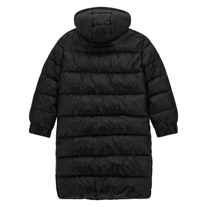 Back of the Guess black long puffer jacket.