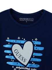 Closer view of the Guess long sleeve heart logo t-shirt.