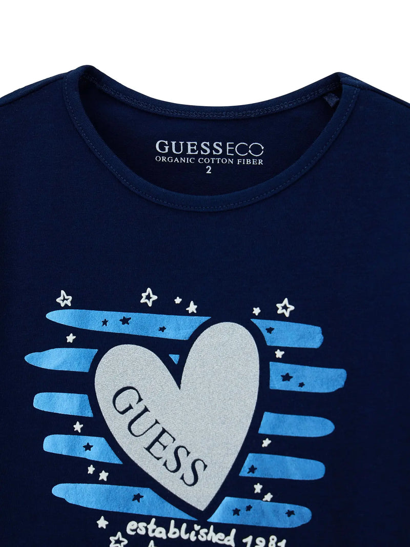 Closer view of the Guess long sleeve heart logo t-shirt.