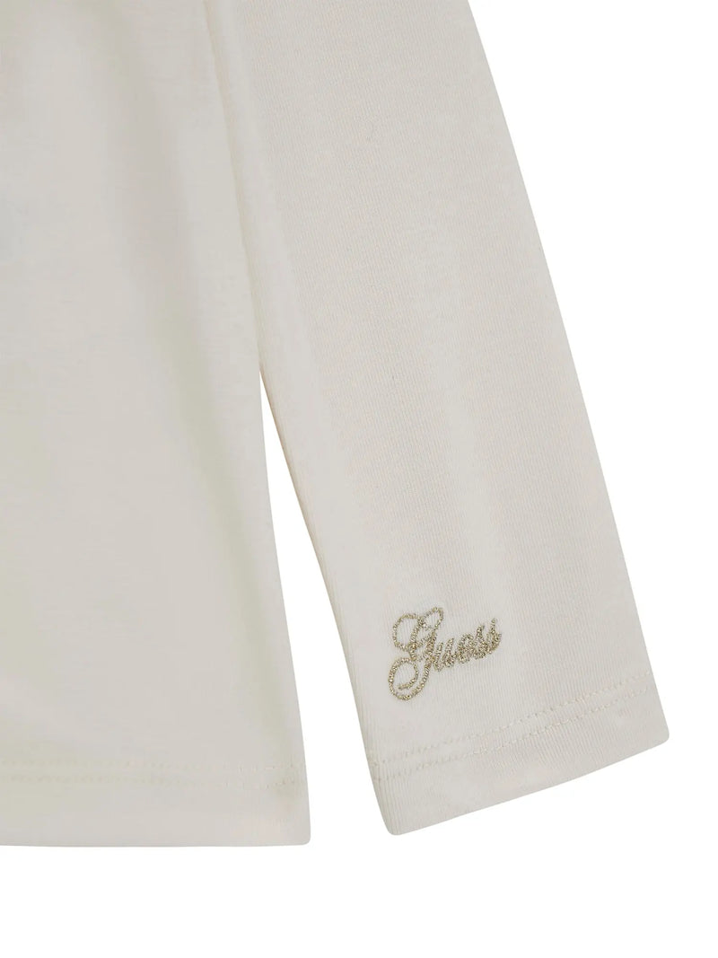 Guess long sleeve t-shirt with gold embroidered logo on the sleeve.
