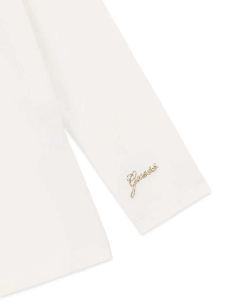 Guess long sleeve t-shirt with gold embroidered logo on the sleeve.