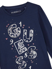 Closer look at the Guess long sleeve t-shirt showing detail of the silver sequin logo.