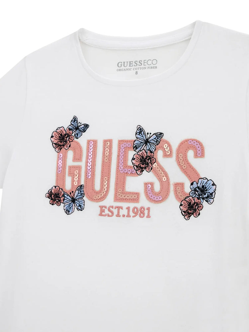 Guess white t-shirt with embroidered logo, decorated with pink sequins.