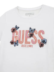 Guess white t-shirt with embroidered logo, decorated with pink sequins.
