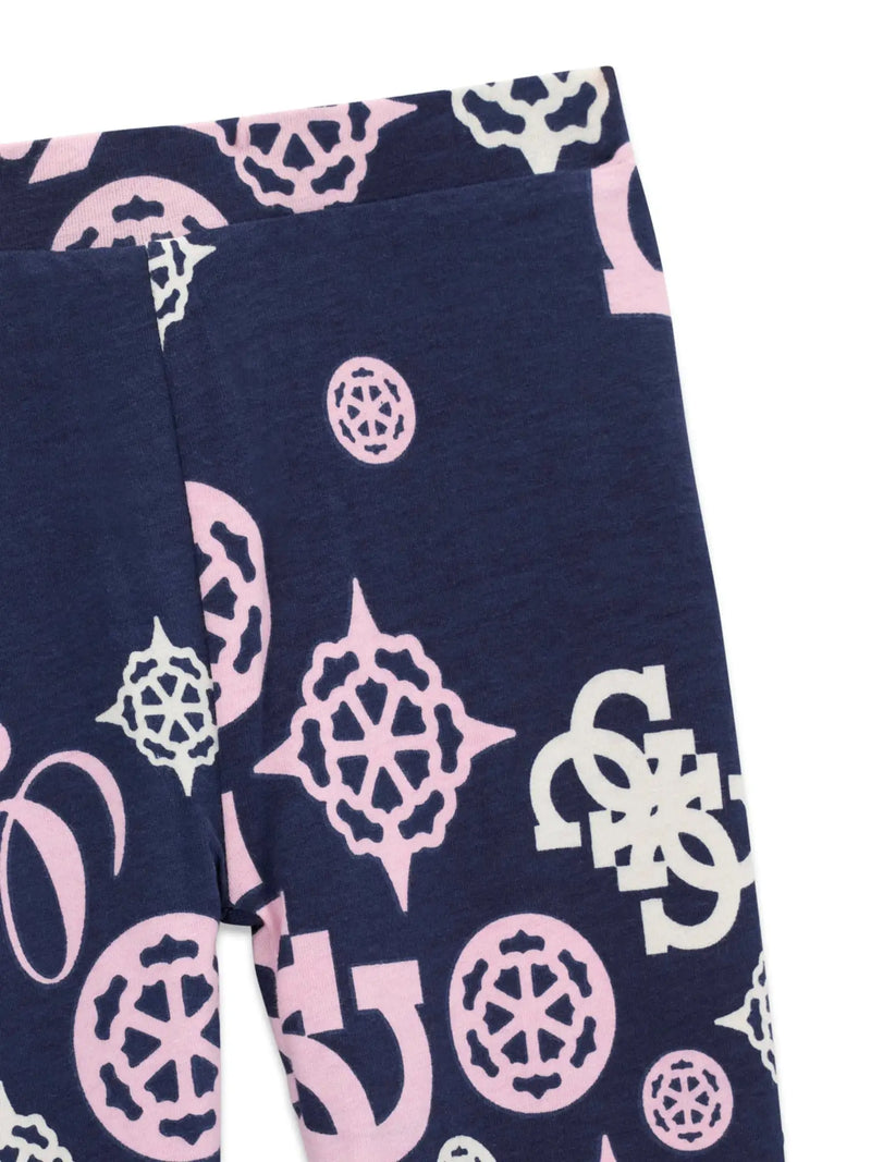 Closer view of the Guess logo print leggings.