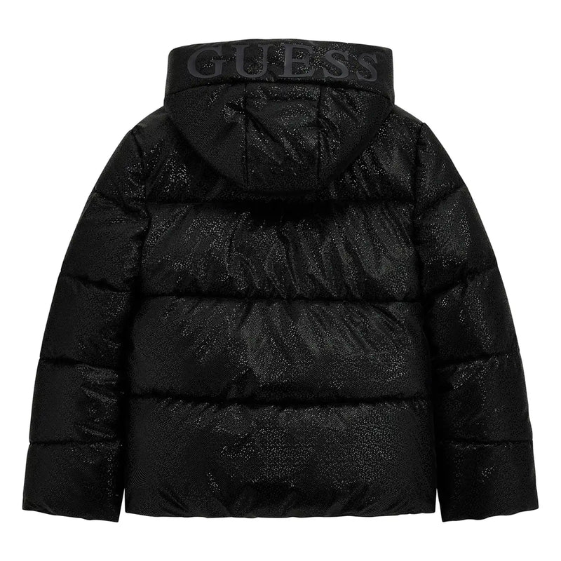 Rear view of the Guess black puffer jacket.