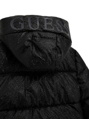 Closer look at the Guess puffer jacket showing detail of the black logo on the hood.