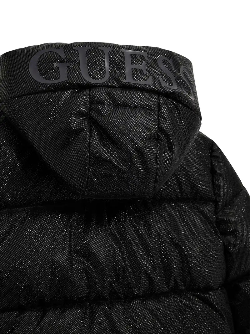 Closer look at the Guess puffer jacket showing detail of the black logo on the hood.
