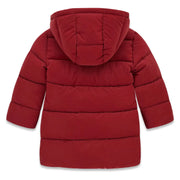 Rear view of the Guess red puffer jacket.