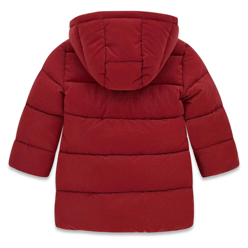 Rear view of the Guess red puffer jacket.