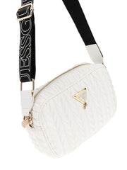 Guess quilted camera bag with gold metal logo badge.