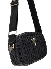 Guess quilted camera bag with gold metal logo badge.