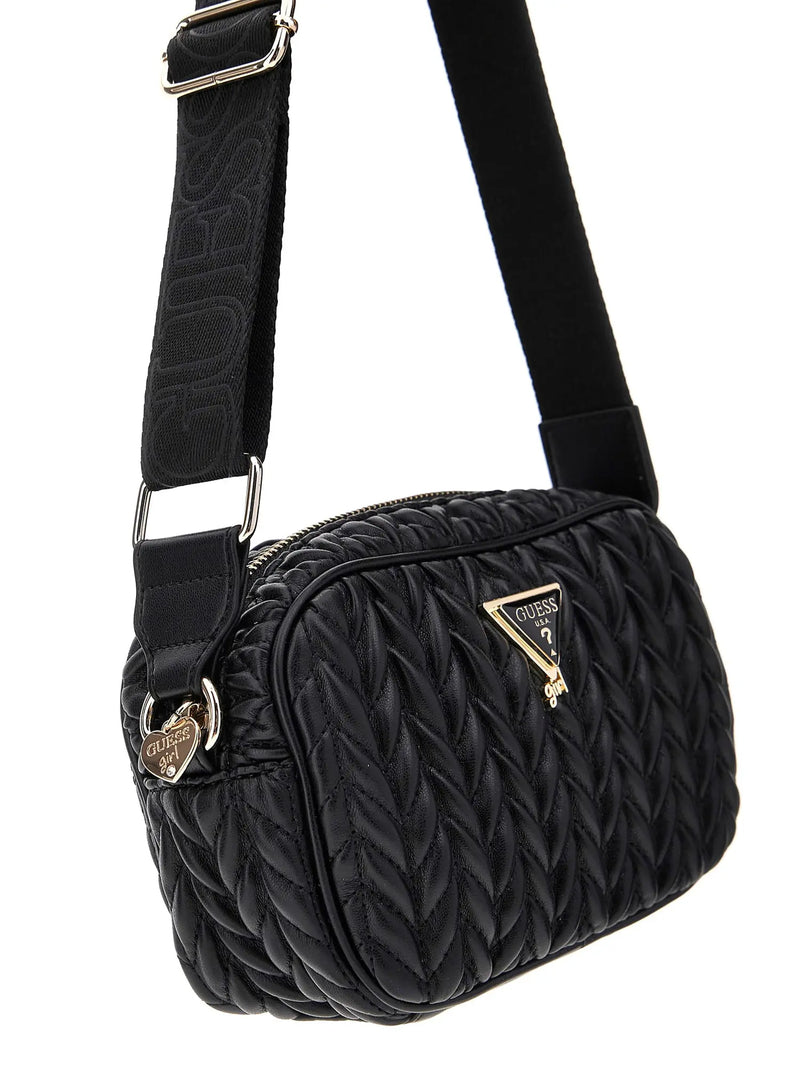 Guess quilted camera bag with gold metal logo badge.