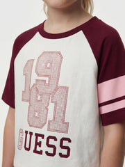 Closer view of the Guess raglan t-shirt.