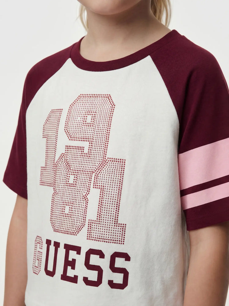Closer view of the Guess raglan t-shirt.