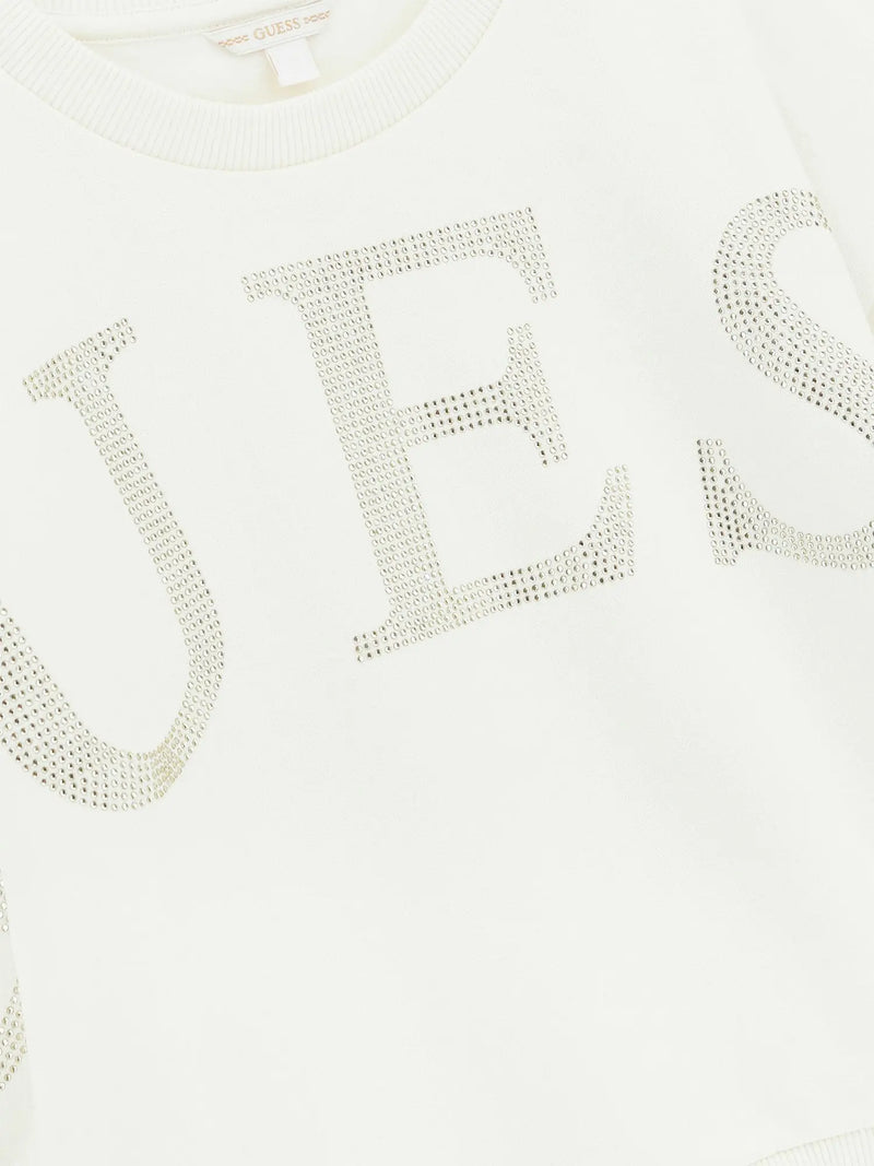 Guess cream sweatshirt with rhinestone logo.