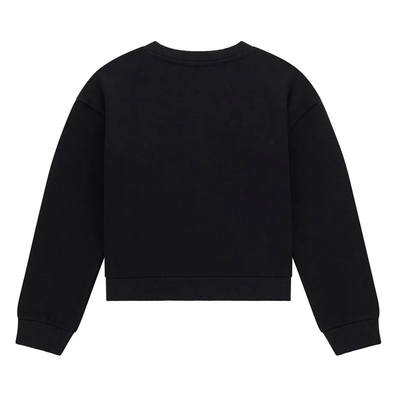 Rear view of the Guess black rhinestone logo sweatshirt.