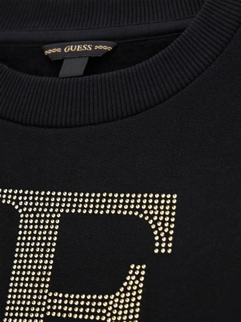 Guess rhinestone logo sweatshirt with gold rhinestone logo.
