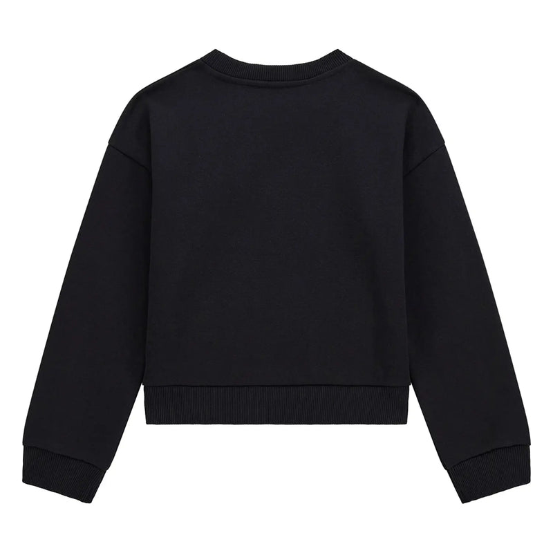 Rear view of the Guess black rhinestone logo sweatshirt.