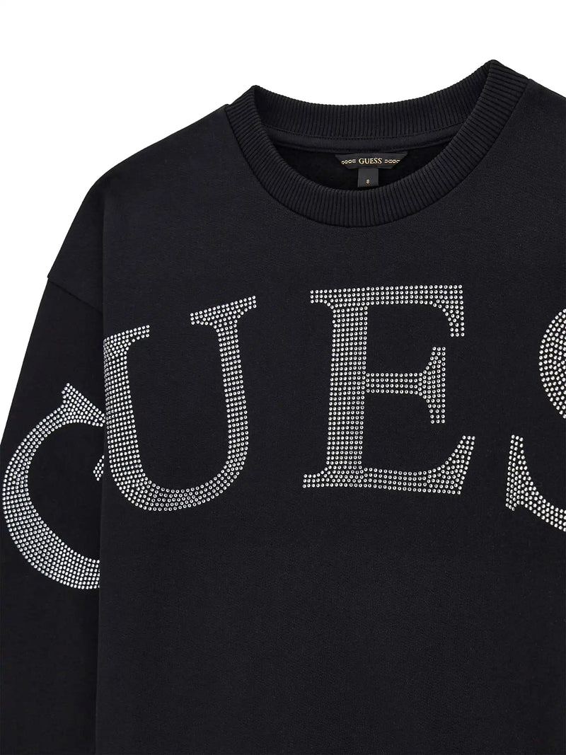 Guess rhinestone logo sweatshirt with silver rhinestone logo.