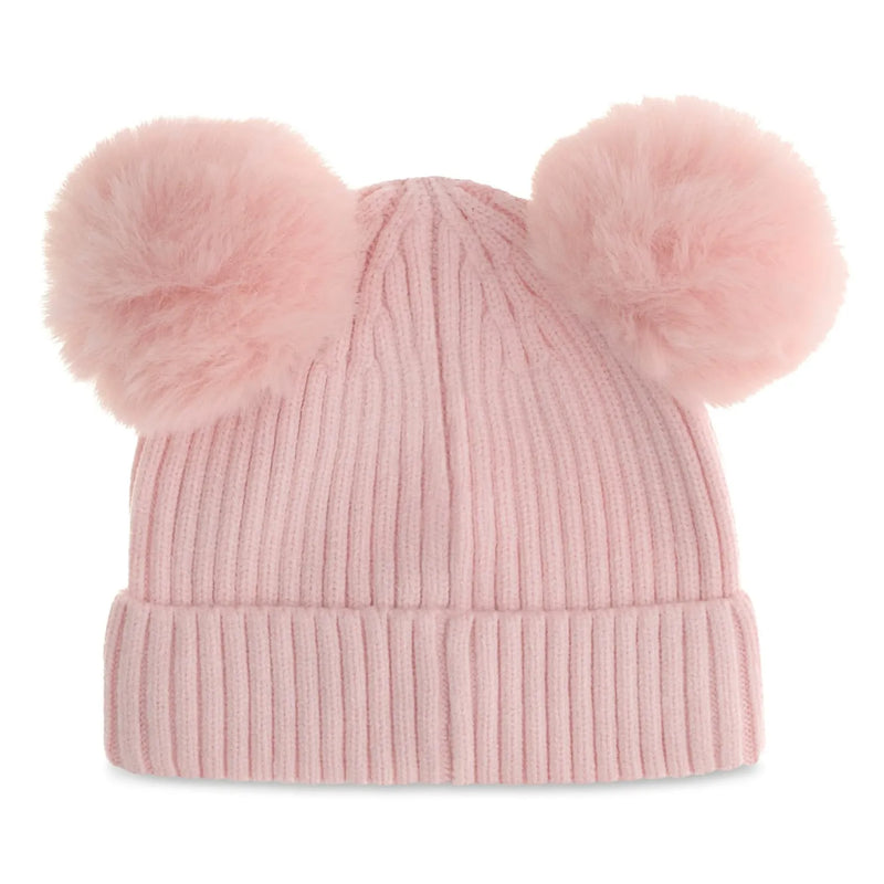 Back of the Guess pink rib knit bobble hat.