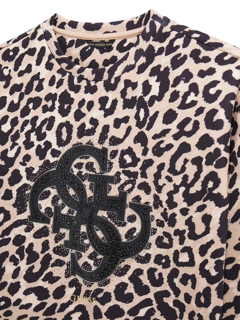 Closer look at the Guess 4g logo sweatshirt showing detail of the black rhinestone logo.