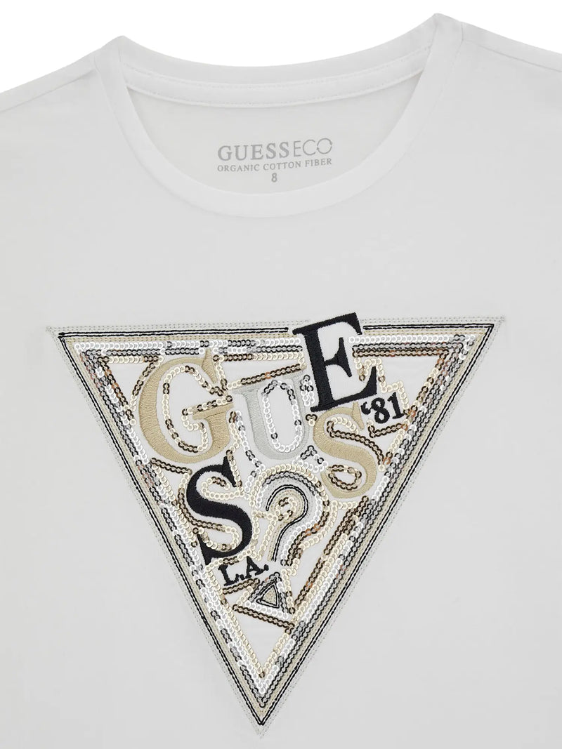 Closer view of the Guess sequin logo t-shirt.