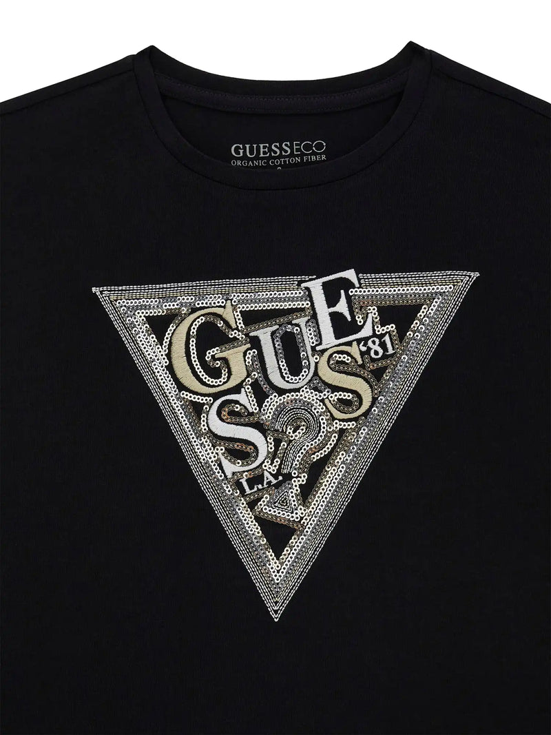 Closer view of the Guess sequin logo t-shirt.