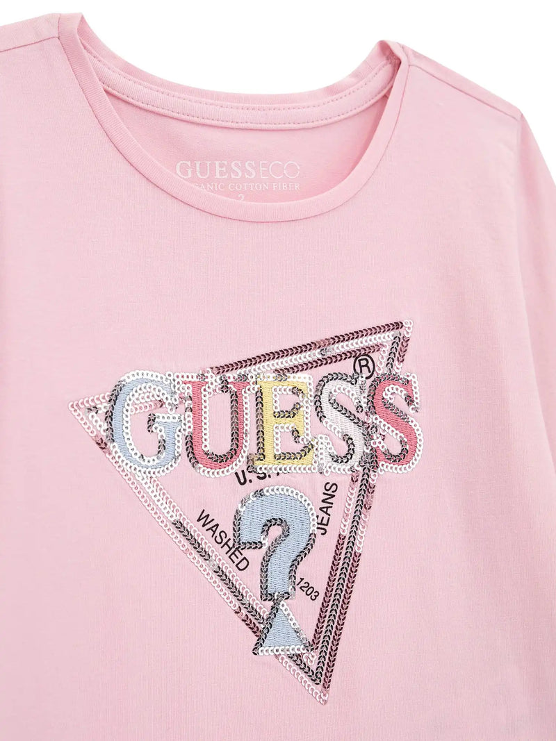 Closer look at the Guess sequin logo t-shirt showing detail of the sequin logo.