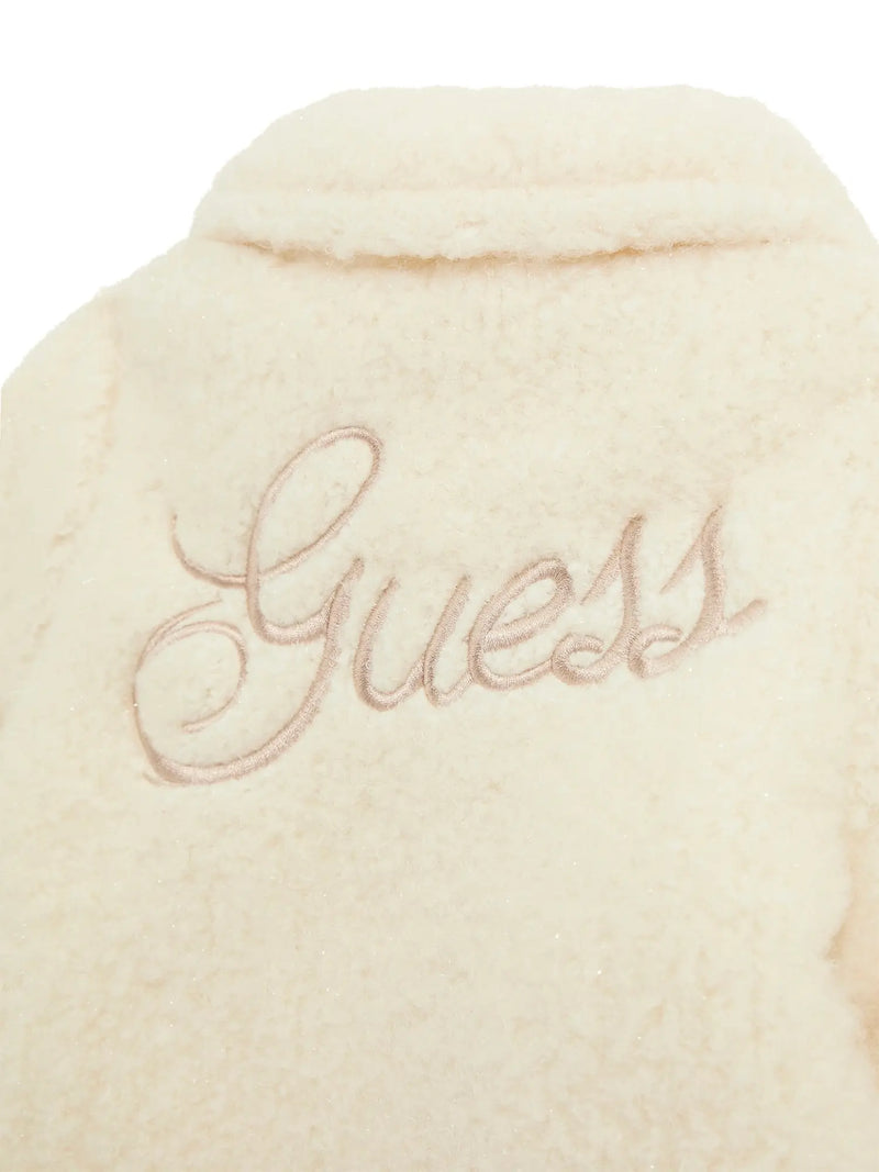 Guess sherpa coat with embroidered logo on the back.
