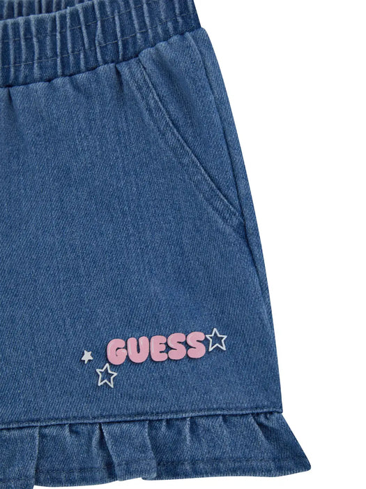 Guess denim shorts with pink logo above the hem.