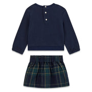 Back of the Guess navy plaid skirt set.