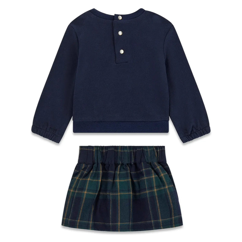 Back of the Guess navy plaid skirt set.