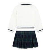 Rear view of the Guess plaid skirt set.