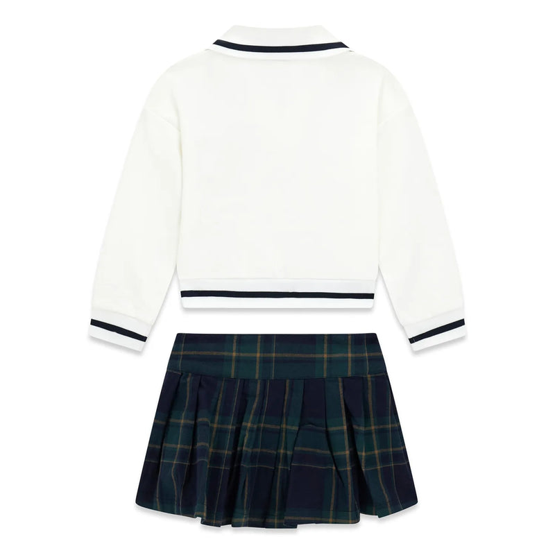Rear view of the Guess plaid skirt set.