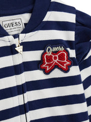 Closer look at the Guess striped sweatshirt showing detail of the red bow appliqué.