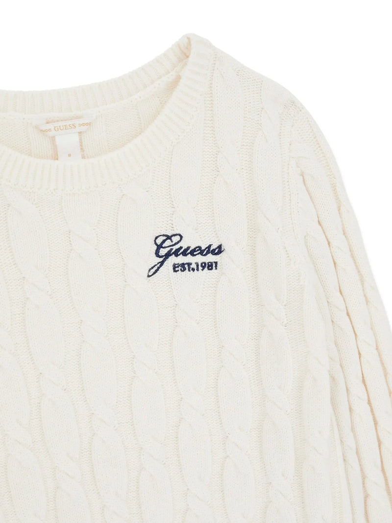 Closer look at the Guess cable knit sweater showing detail of the navy script logo.