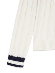Guess cable knit sweater with contrasting navy stripes at the cuffs.