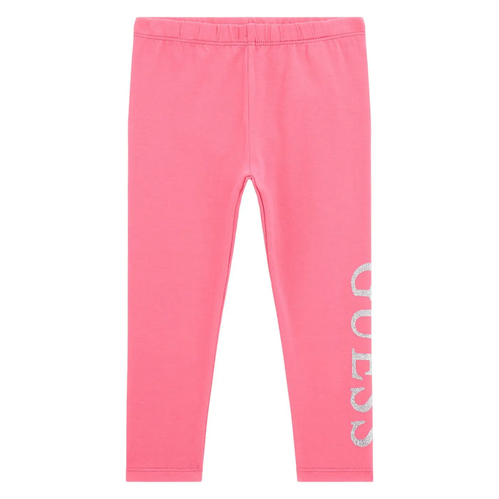 Girl's pink leggings with silver glitter logo. 