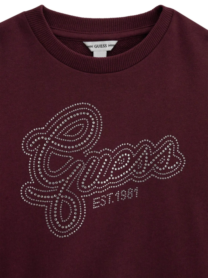 Closer view of the Guess rhinestone logo sweatshirt.